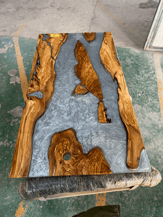 Gray Epoxy River Table in Olive Wood – ET005