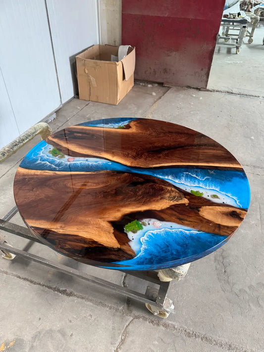 Flowepoxytable Custom Black Walnut Epoxy Ocean Beach Dining Table RT001 shown with its handcrafted round resin surface
