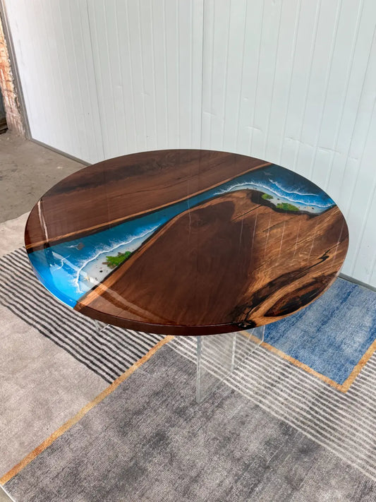 Flowepoxytable Custom Black Walnut Epoxy Ocean Wave Beach Dining Table RT002 shown with its handcrafted round resin surface