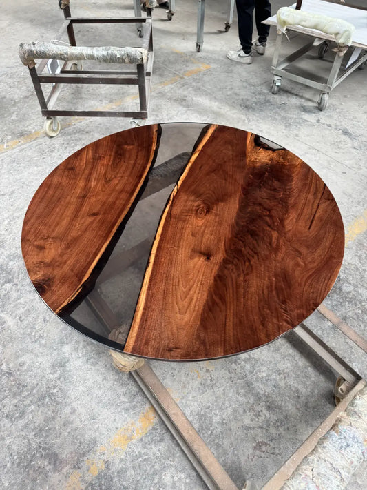 Flowepoxytable Custom Wood Epoxy Resin River Dining Table RT003 shown with its handcrafted round resin surface