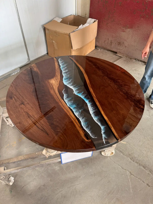 Flowepoxytable Custom Black Walnut Epoxy Resin River Dining Table RT004 shown with its handcrafted round resin surface
