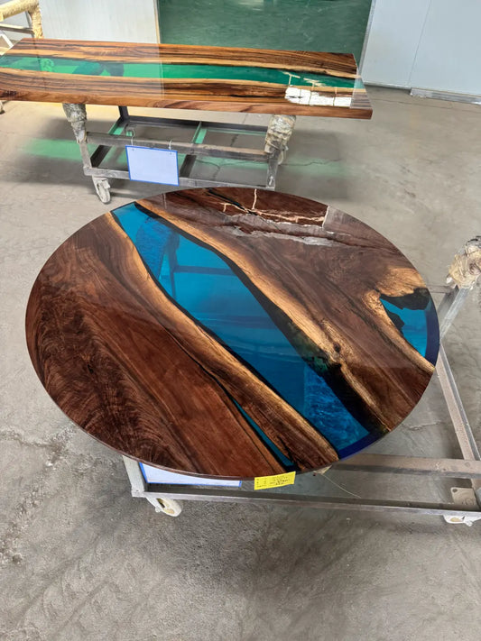 Flowepoxytable Custom Black Walnut Epoxy Resin River Dining Table RT005 shown with its handcrafted round resin surface