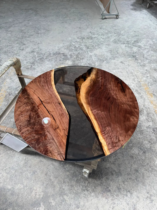 Flowepoxytable Custom Black Walnut Epoxy Resin River Dining Table RT009 shown with its handcrafted round resin surface