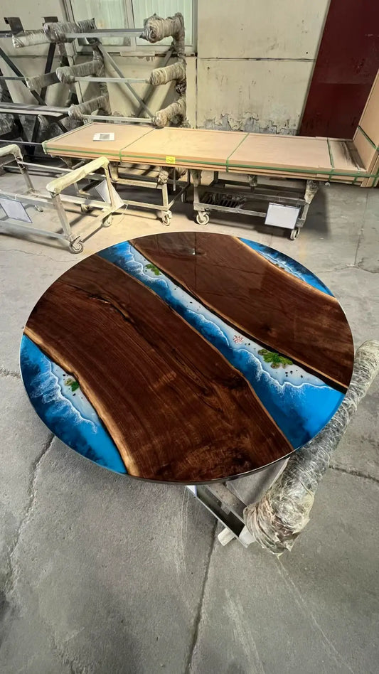 Flowepoxytable Custom Black Walnut Epoxy Ocean Wave Beach Dining Table RT010 shown with its handcrafted round resin surface