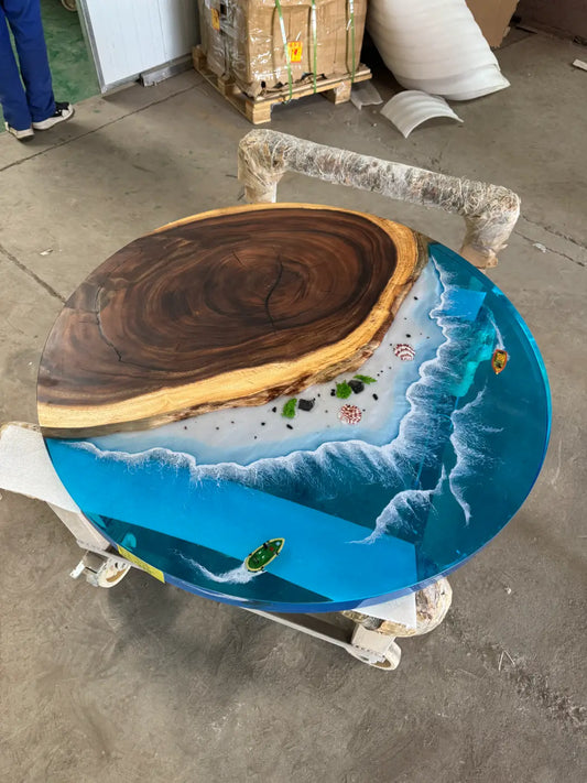 Flowepoxytable Custom Walnut Epoxy Ocean Beach Side Table RT035 shown with its handcrafted round resin surface