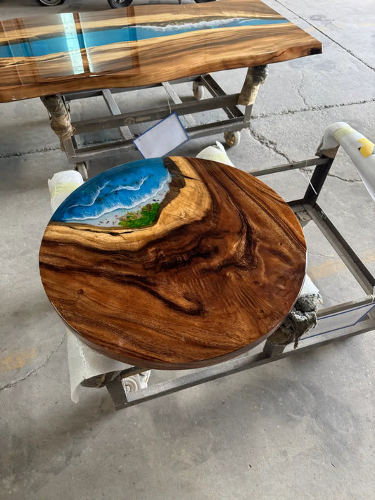 Flowepoxytable Custom Walnut Epoxy Ocean Beach Side Table RT036 shown with its handcrafted round resin surface