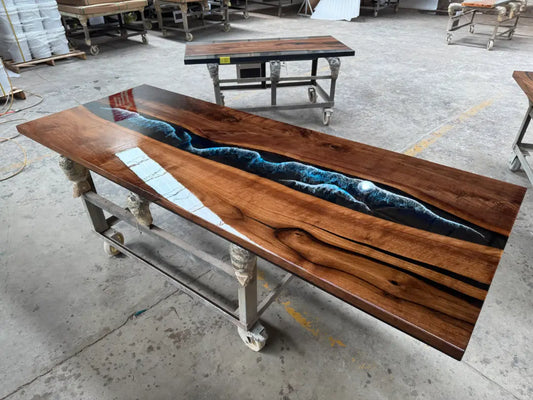 CT022 Custom Black Walnut Live Edge Epoxy Conference Table handcrafted epoxy wood table for meeting spaces
