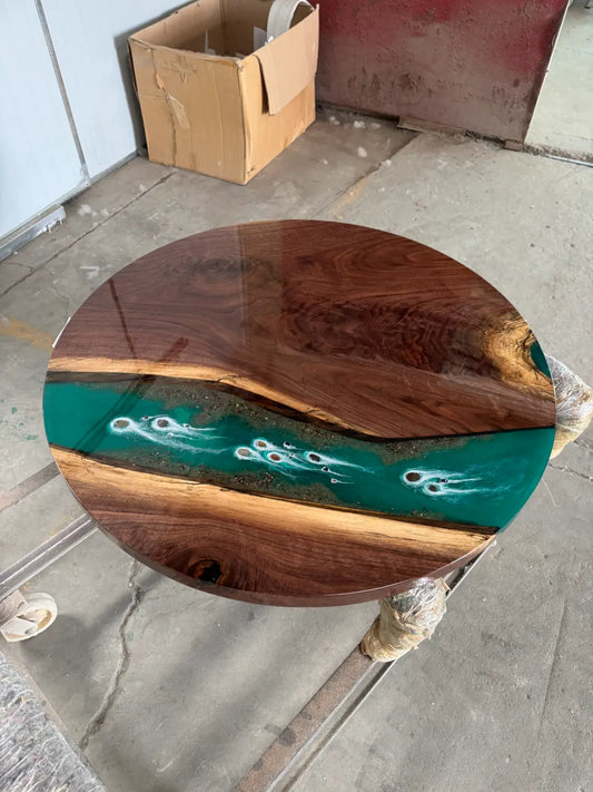 Flowepoxytable Custom Black Walnut Epoxy Resin River Dining Table RT007 shown with its handcrafted round resin surface