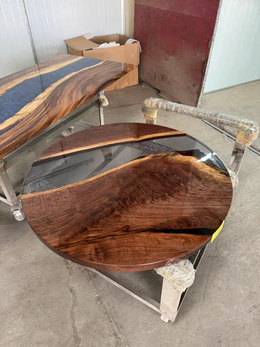 Flowepoxytable Custom Black Walnut Epoxy Resin River Dining Table RT008 shown with its handcrafted round resin surface
