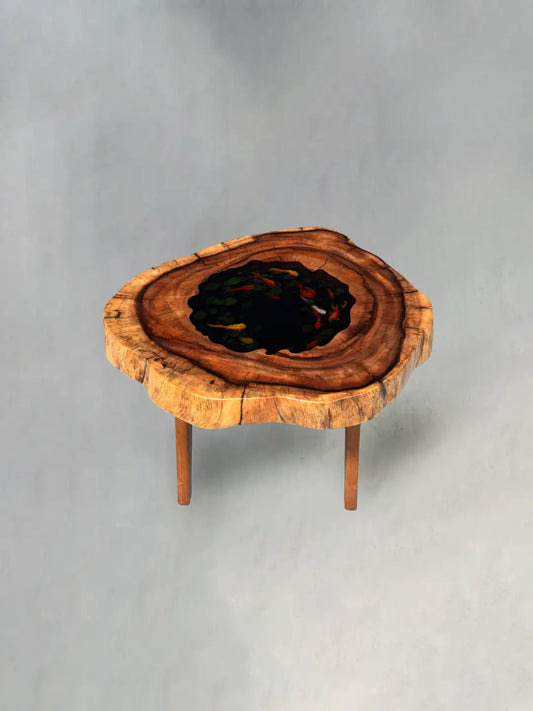 Flowepoxytable Custom Walnut Epoxy Floral Side Table RT031 shown with its handcrafted round resin surface