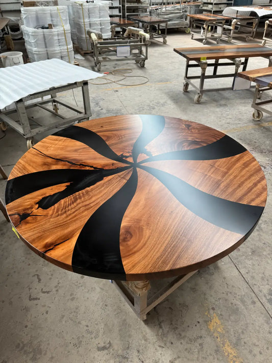 Flowepoxytable Custom Walnut Epoxy Modern Resin Side Table RT033 shown with its handcrafted round resin surface