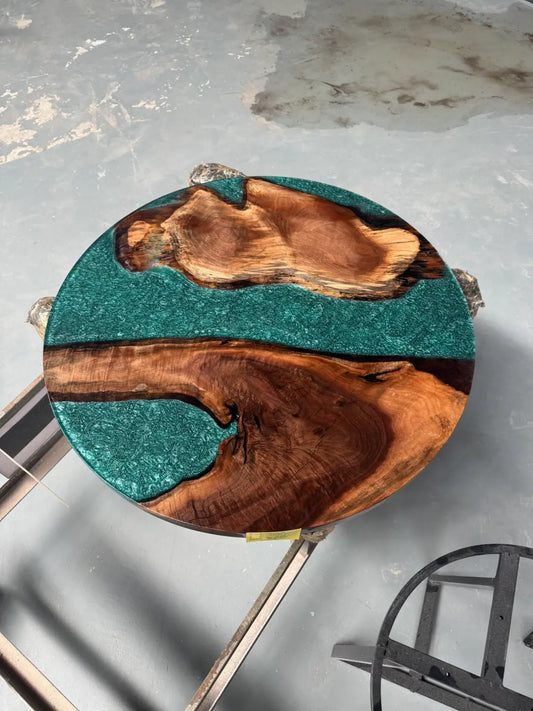 Flowepoxytable Custom Walnut Epoxy Live Edge Side Table RT037 shown with its handcrafted round resin surface