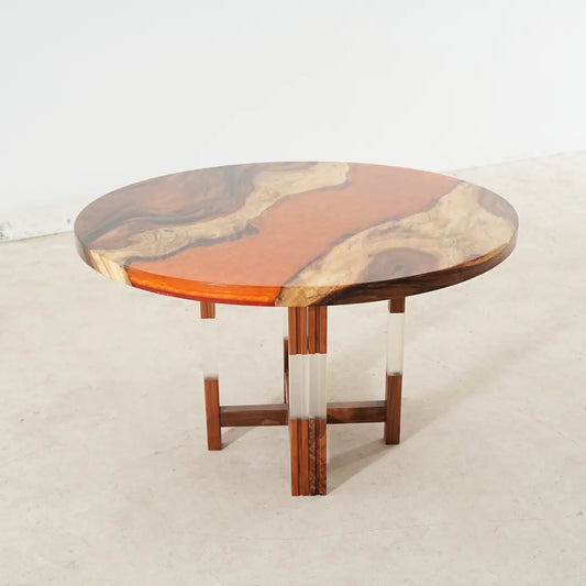 Flowepoxytable Custom Walnut Epoxy Resin River Side Table RT038 shown with its handcrafted round resin surface
