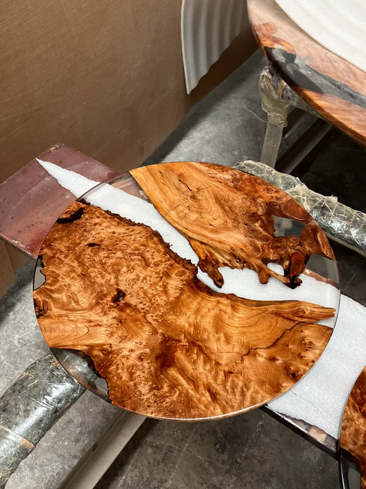 Flowepoxytable Custom Walnut Epoxy Live Edge Side Table RT039 shown with its handcrafted round resin surface