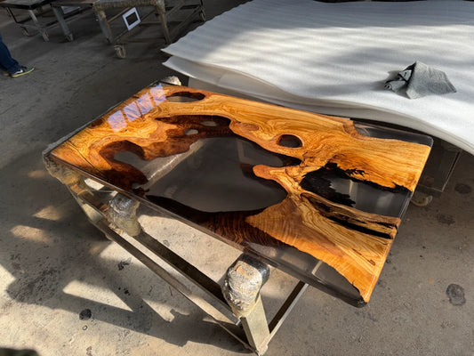 ET003 olive wood river table with clear epoxy resin and natural wood grain