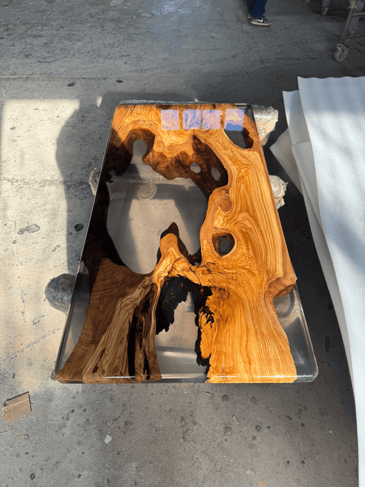 ET003 olive wood river table with clear epoxy resin and natural wood grain